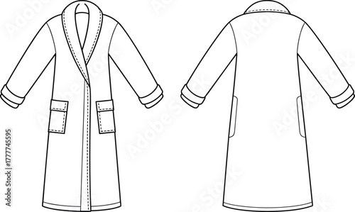 Foto Bathrobe sketch, shawl collar, long sleeves, patch pockets, turned-up cuffs, fro