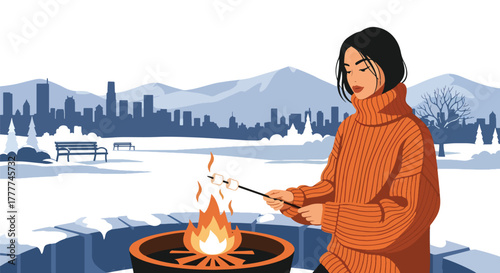 Flat vector of woman roasting marshmallows over outdoor fire pit, wrapped in warm winter sweater, enjoying cozy winter night moment