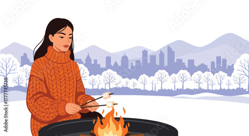 Flat vector of woman roasting marshmallows over outdoor fire pit, wrapped in warm winter sweater, enjoying cozy winter night moment