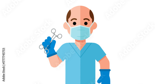 Medical Professional Displaying Forceps Against a Black Backdrop Illustration