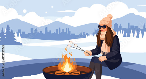 Flat vector of woman roasting marshmallows over outdoor fire pit, wrapped in warm winter sweater, enjoying cozy winter night moment