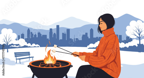 Flat vector of woman roasting marshmallows over outdoor fire pit, wrapped in warm winter sweater, enjoying cozy winter night moment