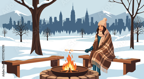 Flat vector of woman roasting marshmallows over outdoor fire pit, wrapped in warm winter sweater, enjoying cozy winter night moment