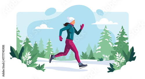 Flat vector of sporty woman running on snowy trail wearing winter fitness outfit, dynamic active lifestyle scene