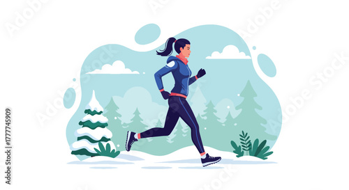 Flat vector of sporty woman running on snowy trail wearing winter fitness outfit, dynamic active lifestyle scene