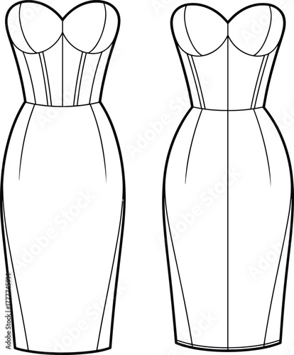 Strapless dress fashion sketch, sweetheart neckline, technical garment drawing, front and back view, pencil skirt silhouette, CAD illustration, vector template