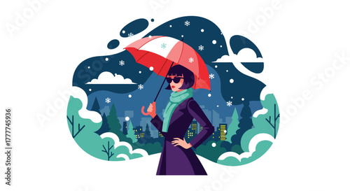Flat vector of woman holding umbrella while snow falls in city street, calm winter night with warm street lights