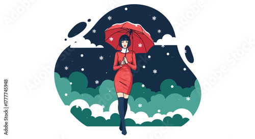 Flat vector of woman holding umbrella while snow falls in city street, calm winter night with warm street lights