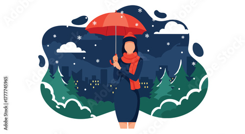 Flat vector of woman holding umbrella while snow falls in city street, calm winter night with warm street lights