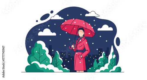 Flat vector of woman holding umbrella while snow falls in city street, calm winter night with warm street lights