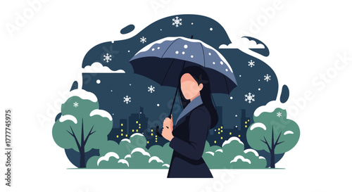 Flat vector of woman holding umbrella while snow falls in city street, calm winter night with warm street lights