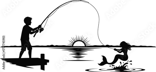 Silhouette of a fisherman and a mermaid at sunset isolated on white background