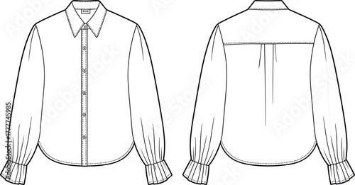 Long sleeve blouse sketch, button-down front, gathered ruffle cuffs, pointed collar, front and back view, technical fashion CAD, vector template