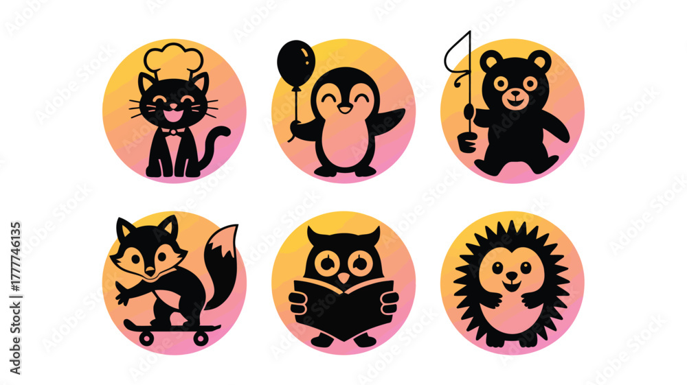 Obraz premium Vector art of Six cute cartoon animals in colorful circles a cat, a penguin, a bear, a fox, an owl, and a hedgehog