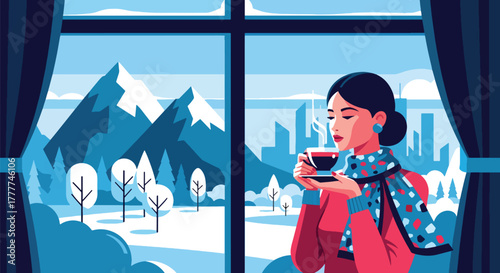 Flat vector of woman sipping tea at window looking at snowy mountains, peaceful winter retreat moment