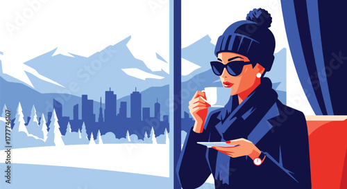 Flat vector of woman sipping tea at window looking at snowy mountains, peaceful winter retreat moment