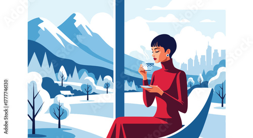 Flat vector of woman sipping tea at window looking at snowy mountains, peaceful winter retreat moment