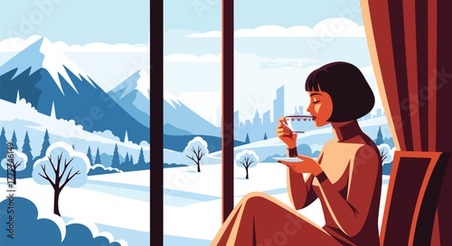 Flat vector of woman sipping tea at window looking at snowy mountains, peaceful winter retreat moment