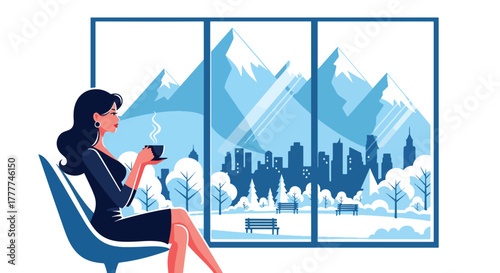 Flat vector of woman sipping tea at window looking at snowy mountains, peaceful winter retreat moment