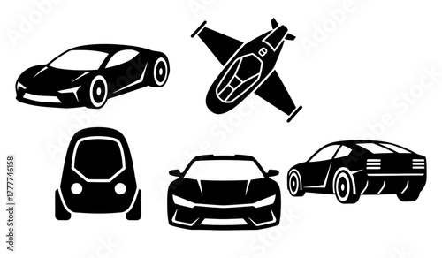 Sleek modern vehicles and futuristic aircraft vector icons
