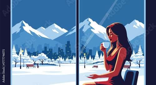 Flat vector of woman sipping tea at window looking at snowy mountains, peaceful winter retreat moment