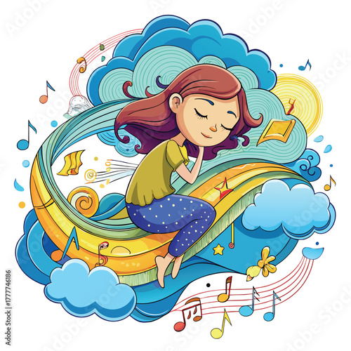 Dreaming girl on a colorful rainbow with musical notes around