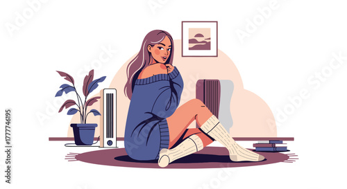 Flat vector of woman lounging indoors in oversized sweater and warm socks, near heater, calm winter comfort