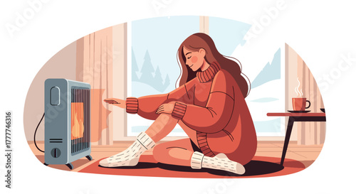 Flat vector of woman lounging indoors in oversized sweater and warm socks, near heater, calm winter comfort