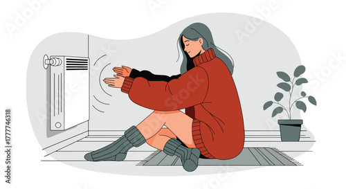 Flat vector of woman lounging indoors in oversized sweater and warm socks, near heater, calm winter comfort