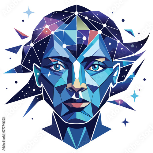 Abstract Geometric Face with Starry Sky and Cosmic Connection Art
