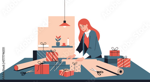 Flat vector of stylish woman wrapping gifts on large table with minimal wrapping paper and ribbons, modern winter holiday scene