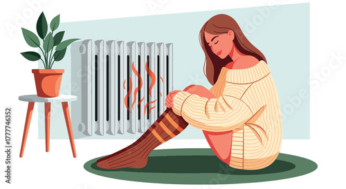 Flat vector of woman lounging indoors in oversized sweater and warm socks, near heater, calm winter comfort