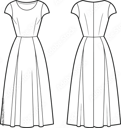 Flowing panel dress sketch, short sleeves, round neckline, fitted bodice, flared skirt, front and back view, technical fashion CAD, vector template