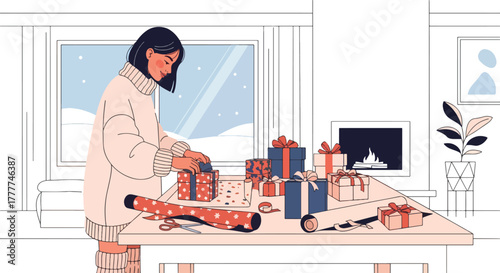 Flat vector of stylish woman wrapping gifts on large table with minimal wrapping paper and ribbons, modern winter holiday scene