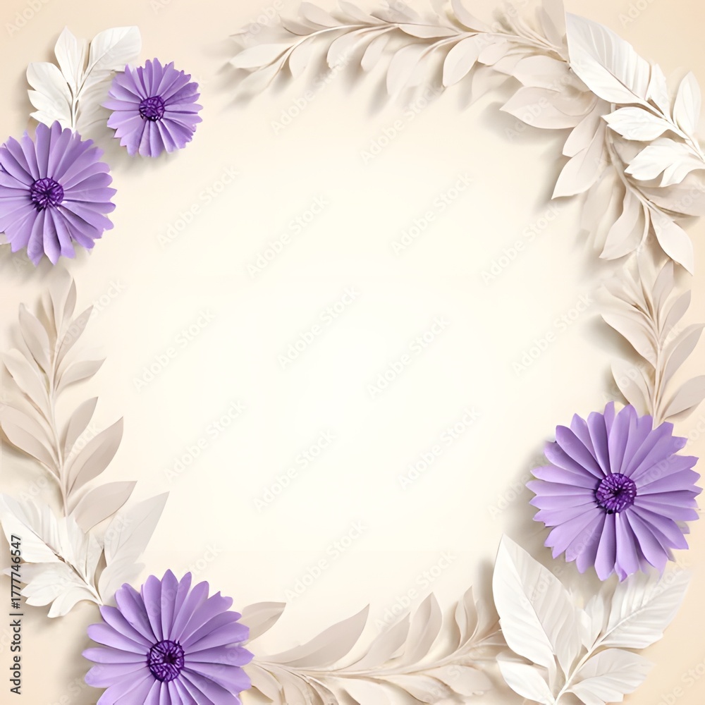 Naklejka premium Elegant floral paper art frame with purple flowers and leaves decoration background