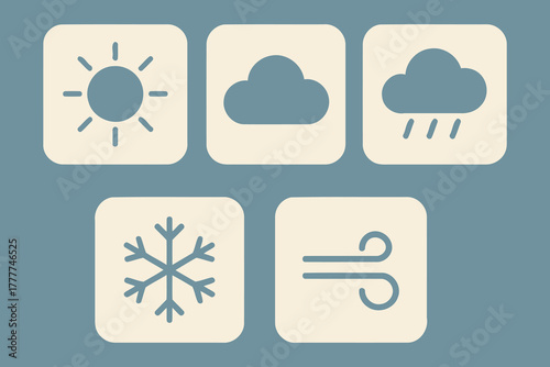 Collection of simple weather icons representing sunshine clouds rain snow and wind on a muted blue background
