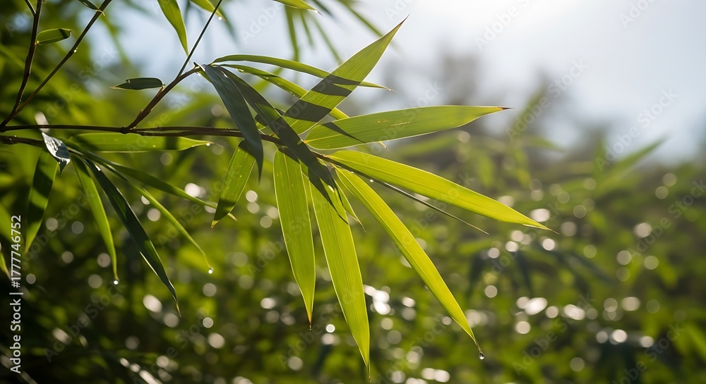 Fototapeta premium Lush Green Bamboo Leaves Glistening in Bright Sunlight.