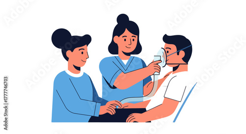 Medical Professionals Assisting Patient With Oxygen Mask; Healthcare Illustrations