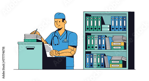 Medical Professional Working On Reports Amidst Documented Files And Extensive Records