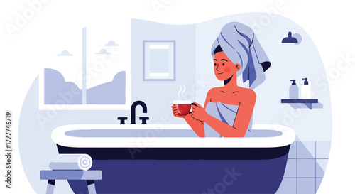 Flat vector of woman relaxing at winter hot bathub spa with towel wrap and herbal tea, minimalist calm wellness scene.