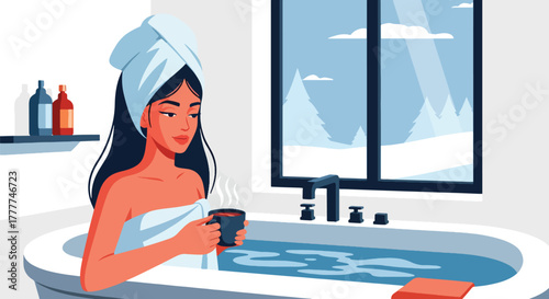 Flat vector of woman relaxing at winter hot bathub spa with towel wrap and herbal tea, minimalist calm wellness scene.