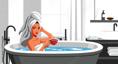 Flat vector of woman relaxing at winter hot bathub spa with towel wrap and herbal tea, minimalist calm wellness scene.