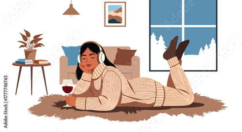Flat vector of woman relaxing on rug with wine and headphones, winter night cozy personal time