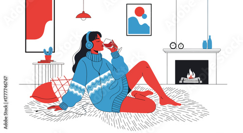 Flat vector of woman relaxing on rug with wine and headphones, winter night cozy personal time