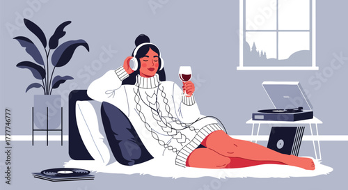 Flat vector of woman relaxing on rug with wine and headphones, winter night cozy personal time