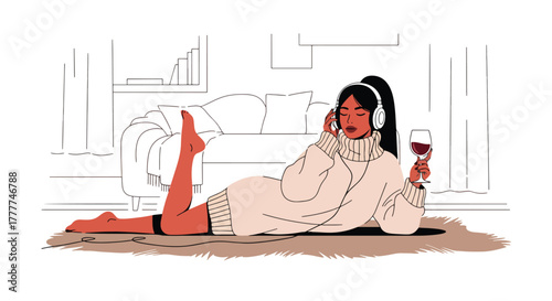 Flat vector of woman relaxing on rug with wine and headphones, winter night cozy personal time
