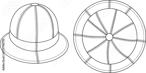 Dome hat sketch, wide brim, stitched panel crown, top and angled views, radial symmetry, technical fashion CAD, vector headwear template