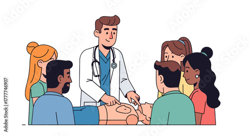 Medical Training Session Demonstrating Proper Resuscitation Techniques With A Doctor and Group