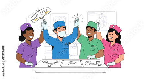 Medical Team Celebrating Successful Surgery With Medical Tools and Surgical Theater