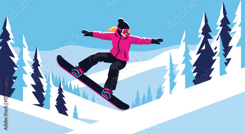 Flat vector of woman snowboarding down snowy hill, fast movement and high-energy winter sports vibe